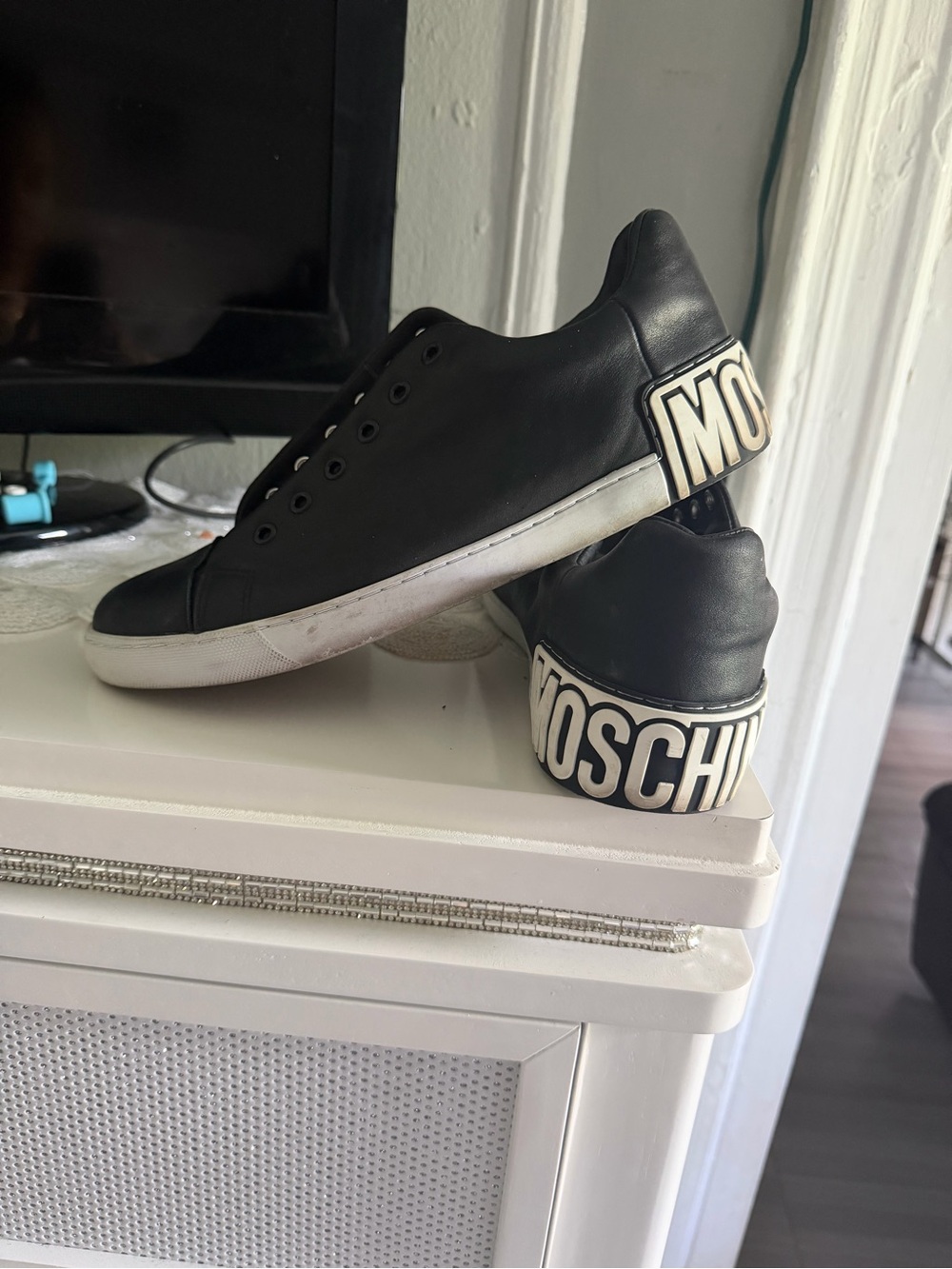 Moschino Black and White Logo Heel Low-Top Sneakers